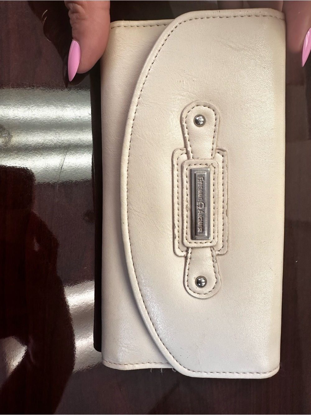 Etienne Aigner Cream Leather Wallet with Silver Logo Plaque